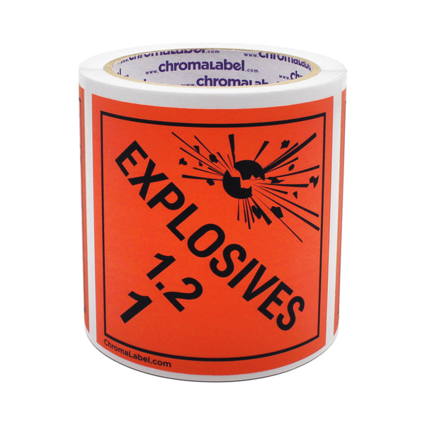 4" x 4" Permanent Durable Square D.O.T. Hazard Labels, Hazard Class 1.2 Explosives Label, 100/Roll