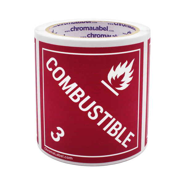 4" x 4" Permanent Durable Square D.O.T. Hazard Labels, Hazard Class 3 Combustible Label, 100/Roll