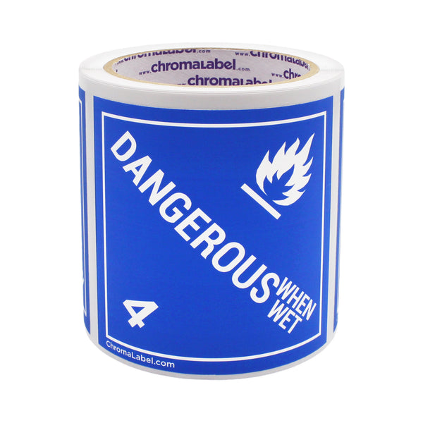 4" x 4" Permanent Durable Square D.O.T. Hazard Labels, Hazard Class 4 Dangerous Wet Label, 100/Roll