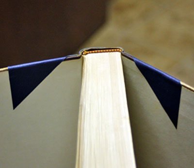 Navy cloth wings folded over the top of a book's spine
