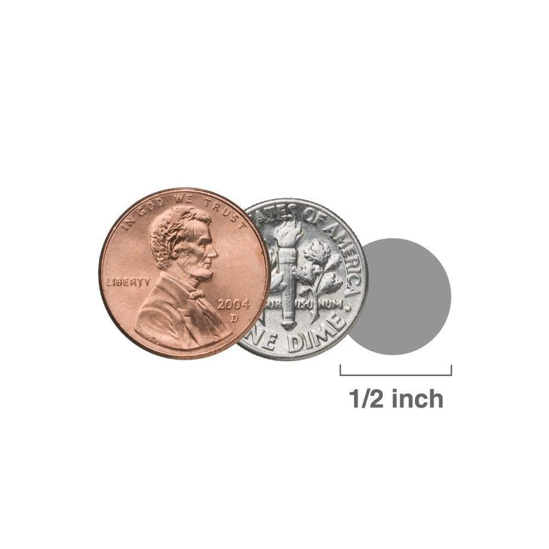 A U.S. penny and dime next to a 1/2 inch dot