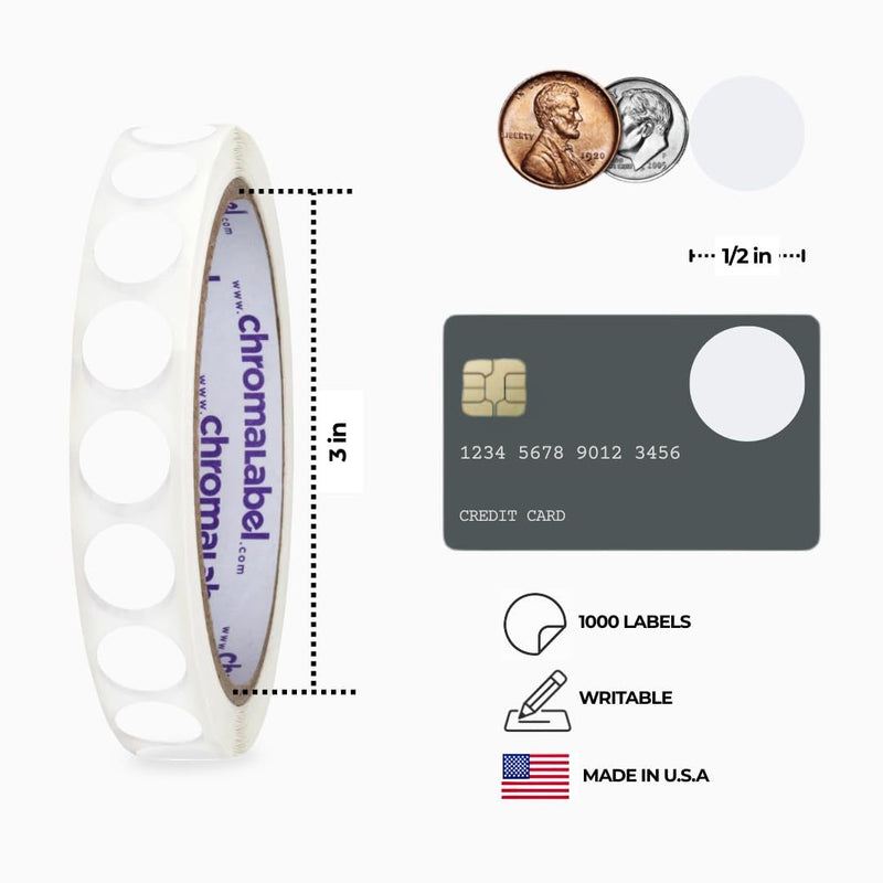 1/2 inch removable dot roll: 1,000 labels on a 3 inch core, shown next to a credit card for scale
