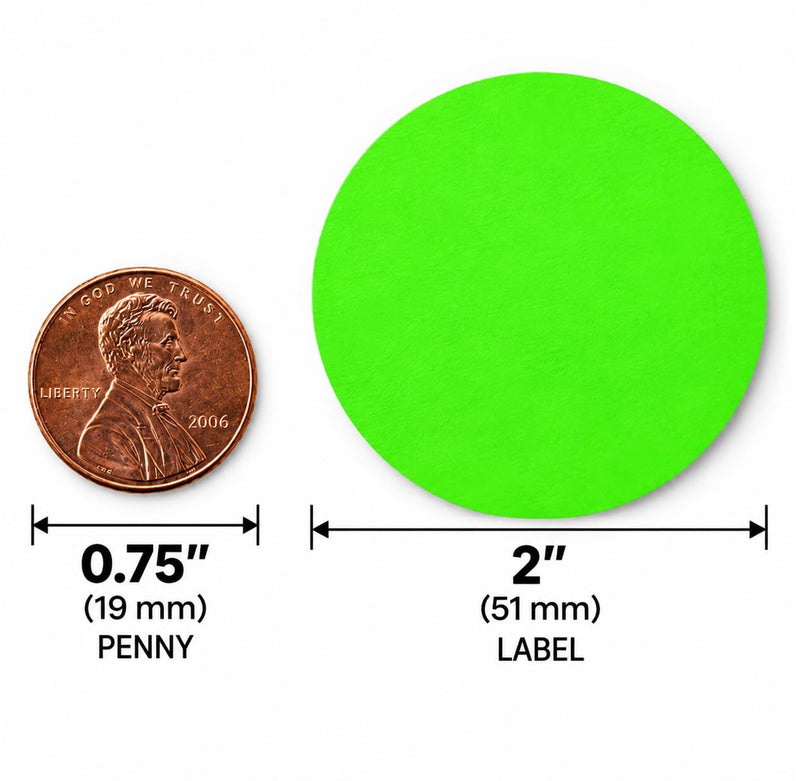 A U.S. penny (0.75 inch) next to a 2 inch dot