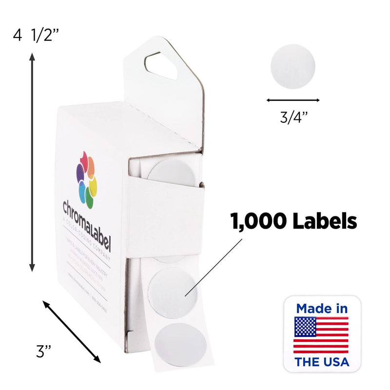 Dispenser box: 4-1/2 inches tall including the hang tab, 3 inches deep, 1,000 dots of 3/4 inch