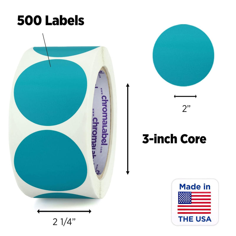 2 inch dot roll: 500 labels on a 3 inch core, about 2-1/4 inches wide