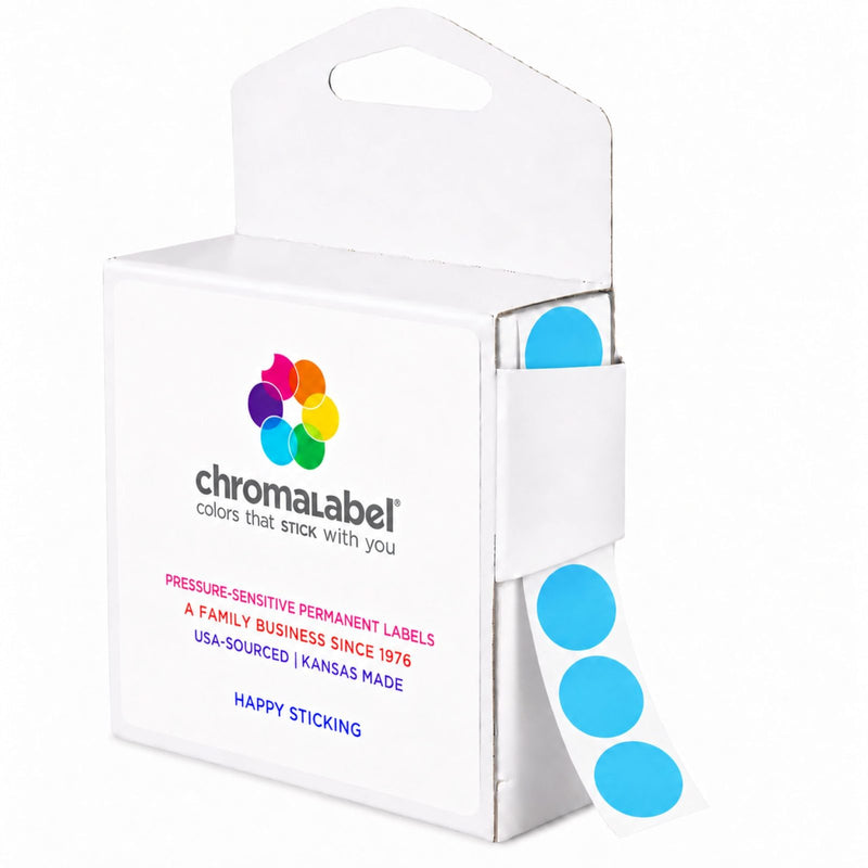 ChromaLabel dispenser box of 3/4 inch light blue dots